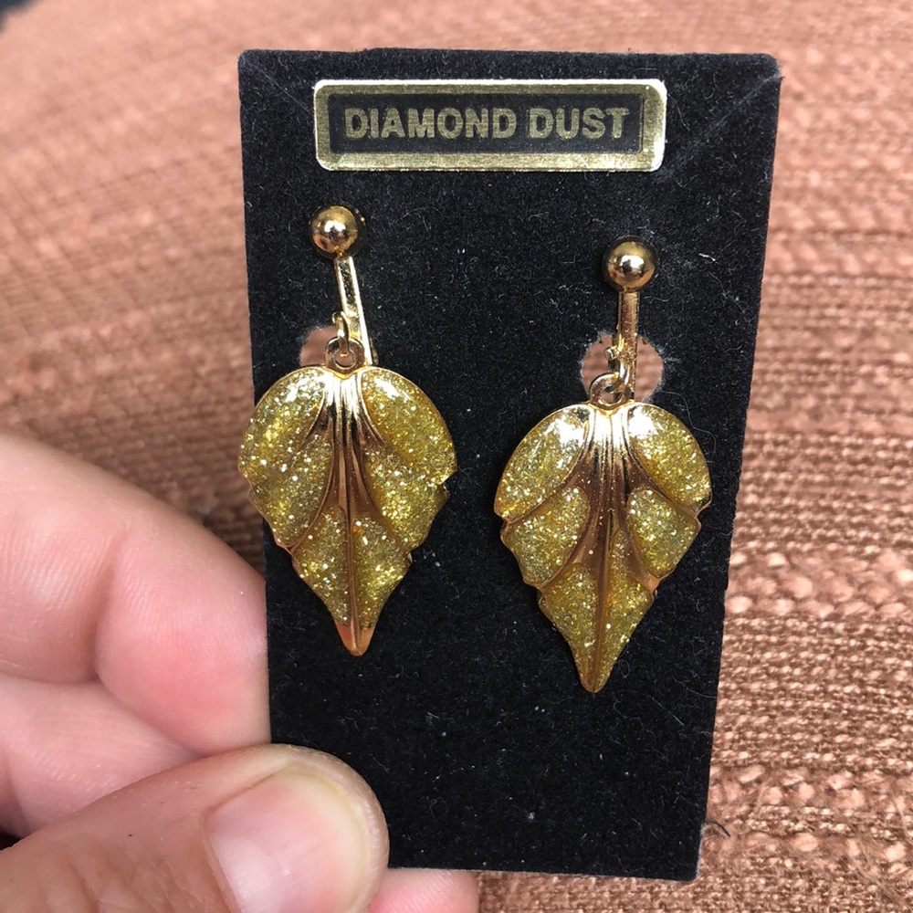 Diamond Dust Clip On Golden Leaf Earrings
